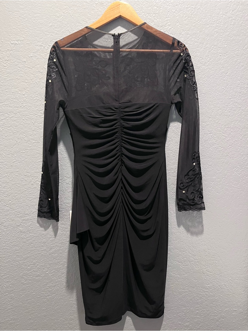 Xscape Black Long-Sleeve Embroidered Sheer Cocktail Dress - Picture 9 of 10